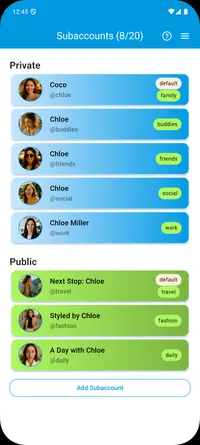 Otiumz screen showing separate private and public profiles
